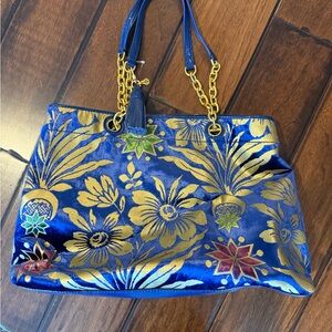 Tory Burch Blue and Gold Floral Tote